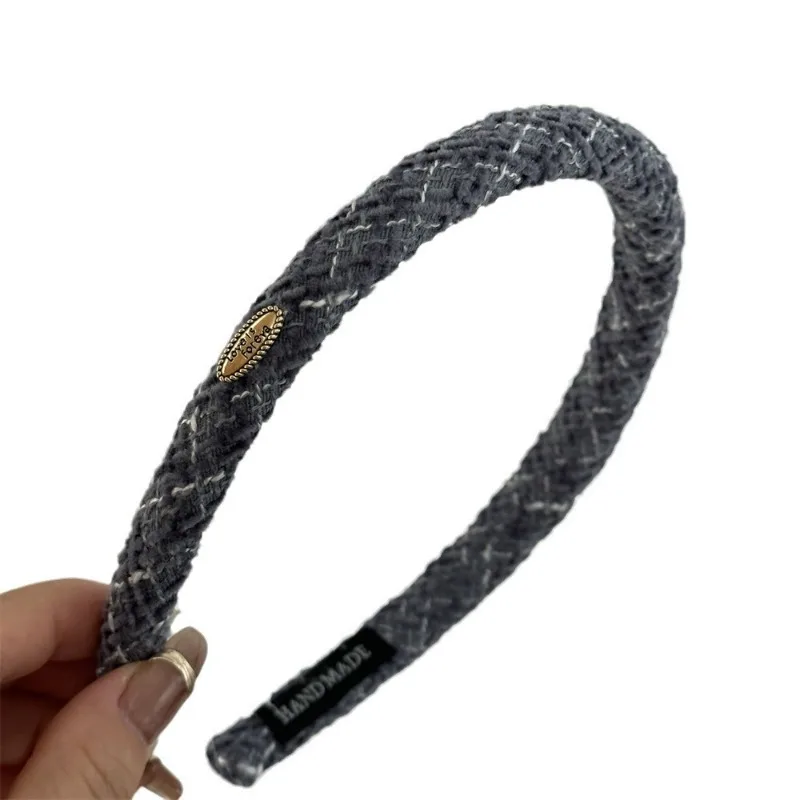 Woolen plaid narrow edition hair band elliptical gold label Korean texture headband hair hoop daily versatile hair accessories
