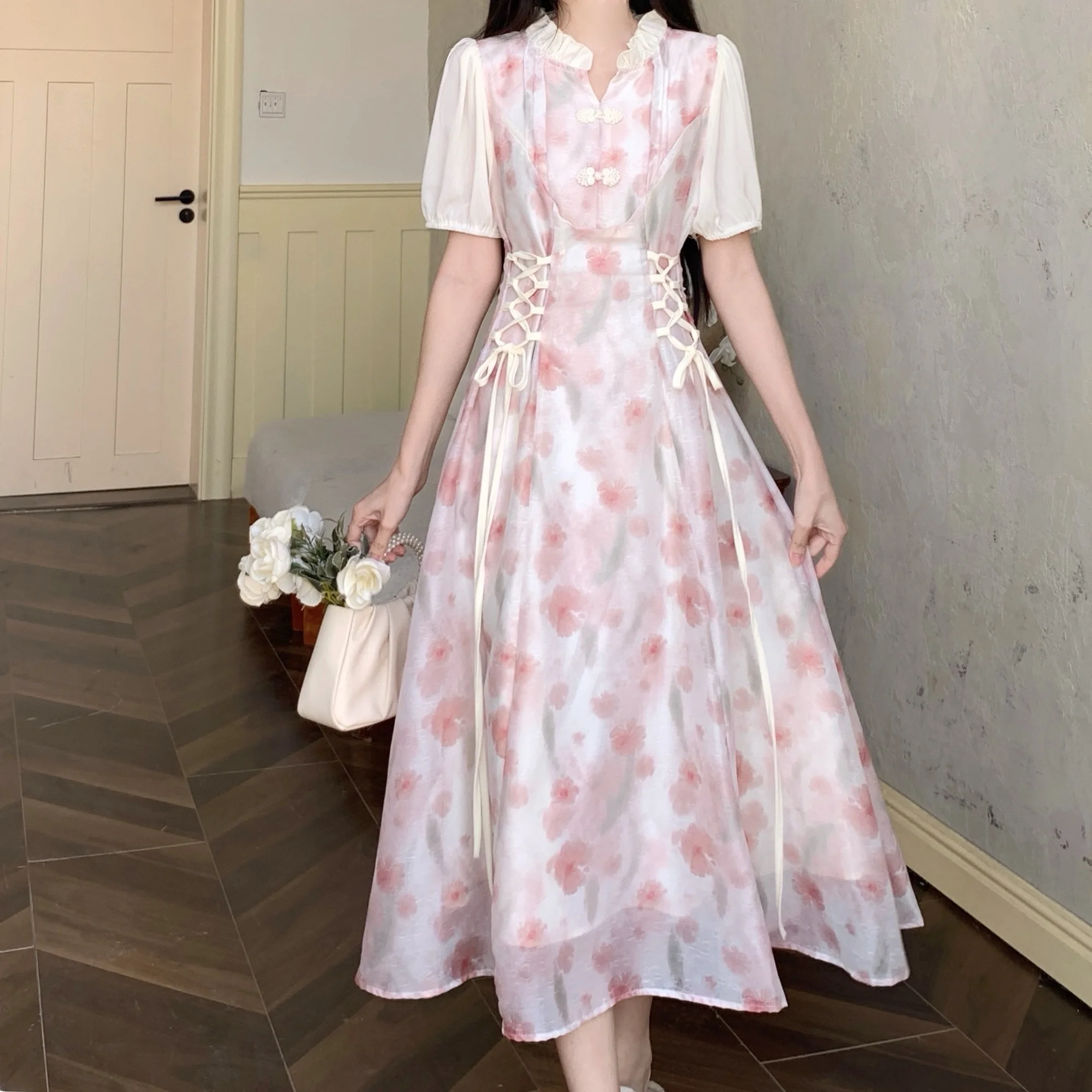 กระโปรงชีฟองลายดอกไม้สไตล์จีนใหม่ ไซส์ใหญ่ ดีไซน์ฤดูร้อน ช่วยเก็บเอว สวยหวาน บางเบา