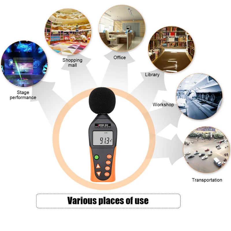 Victor 824 Digital Sound Level Meter Decibel Monitor 31.5- 8500 Hz Fast Noise Measuring Instrument DB Tester 30~130dB Mini Audio