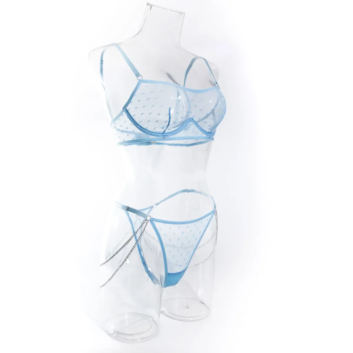 

Blue Dots Metal Chain Sexy Metal Chain Lingerie Sets Mesh Perspective Sensory temptation Erotic Adult Suit