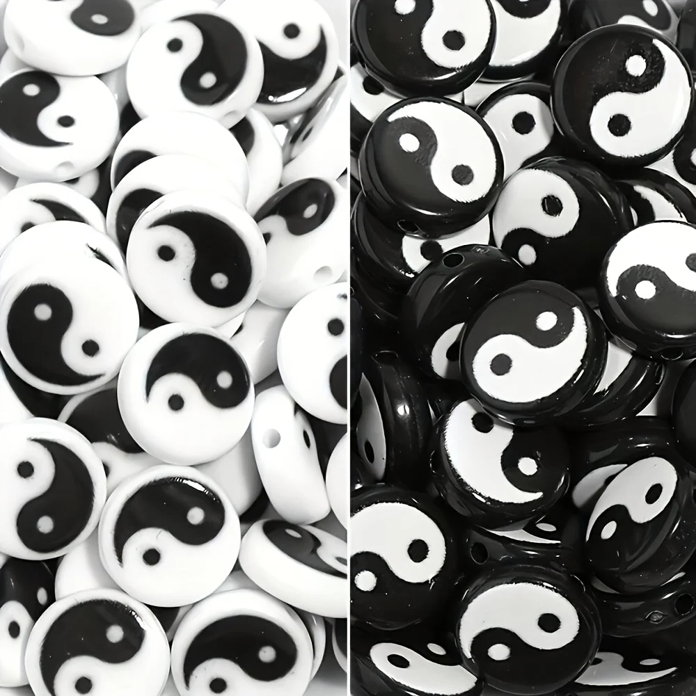 50pcs 7mm/25pcs 11mm Black and White Acrylic Tai Chi Pattern Spaced Bead Beads, Used for DIY Bracelets, Necklaces, Earrings Acce