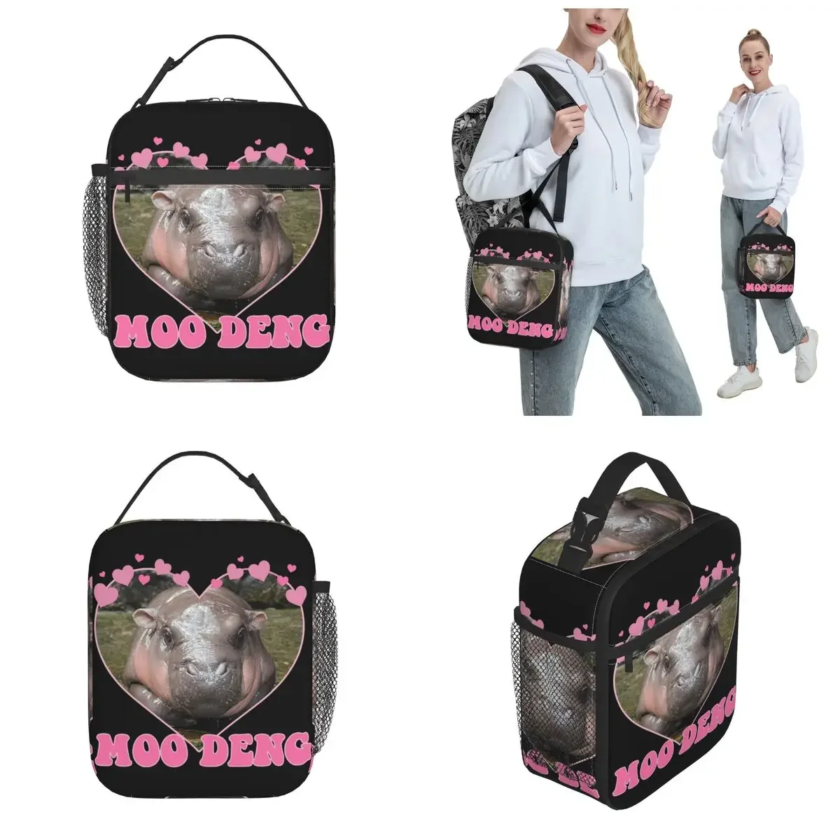 Moo Deng Lover Insulated Lunch Bag Baby Animals Storage Food Box Portable Thermal Cooler Bento Box For School Office