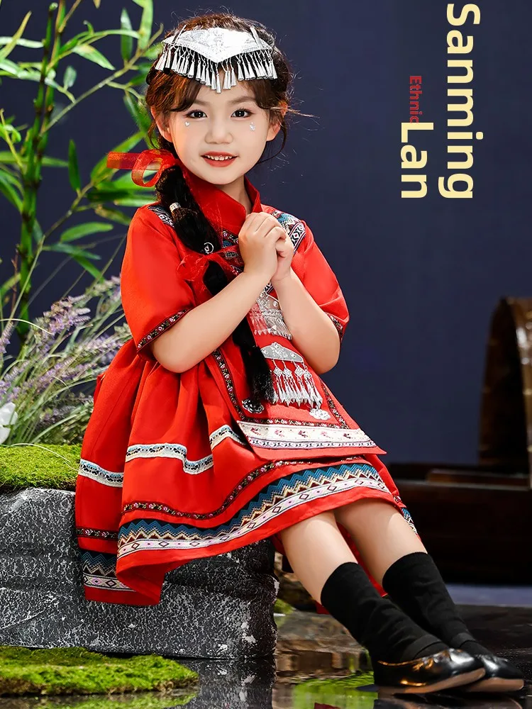 

New Children's Girls' Ethnic Costumes Zhuang Minori Clothing Han Miao Minori Faionable Stage Outfits Polyester Material