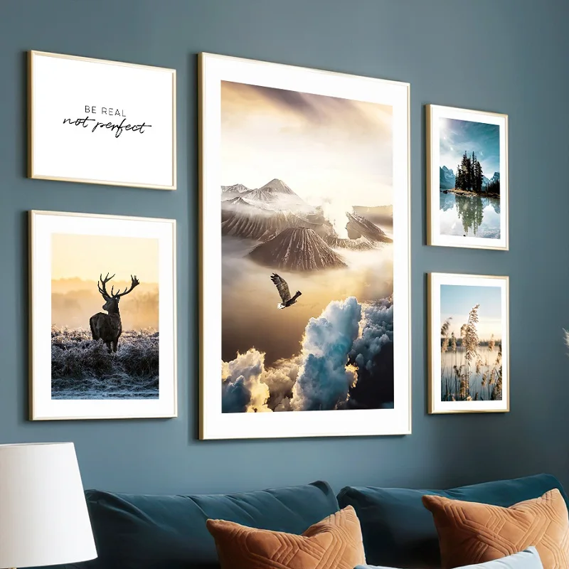 

Blue Mountain Forest Lake Landscape Art Picture Nordic Printed Canvas Painting Eagle Elk Reed Poster Cafe Hotel Decoration Mural