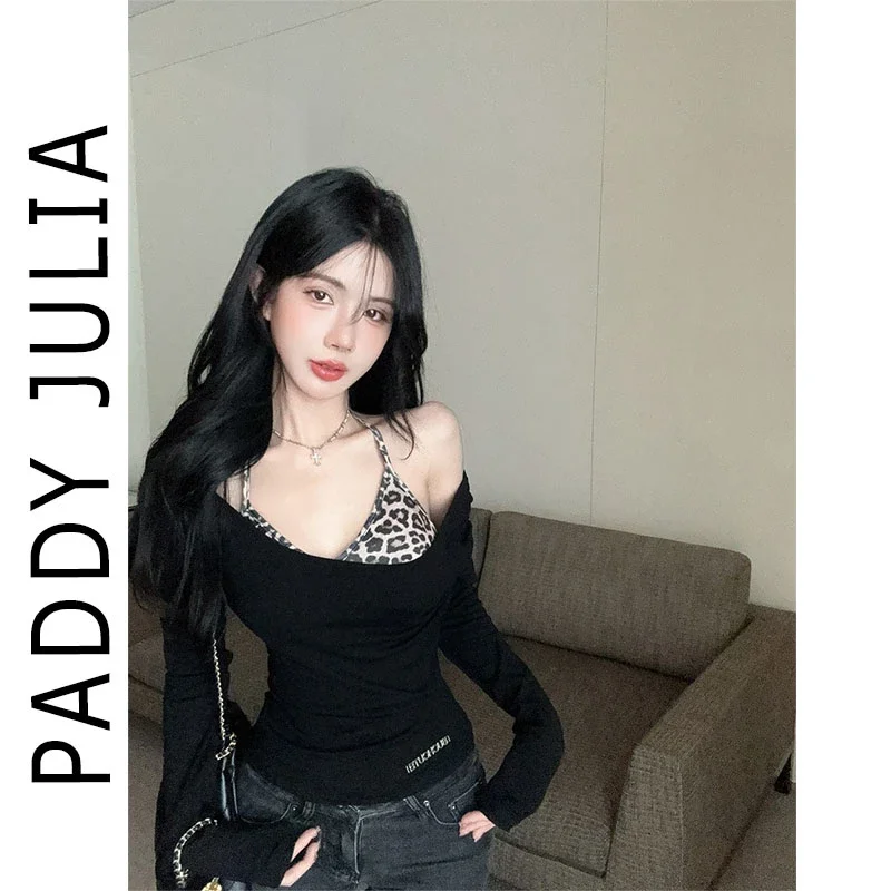 

Женская футболка с длинными рукавами American Hot Girl Pure Desire, осенний тонкий костюм с леопардовым принтом и подтяжками, внутренний слой