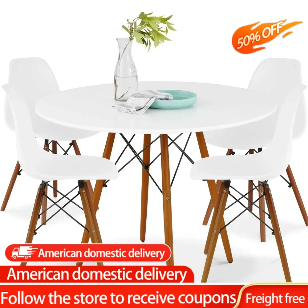 

5-Piece Dining Set, Compact Mid-Century Modern Table & Chair Set for Home, Apartment w/ 4 Chairs, Plastic Seats, Wooden Legs,