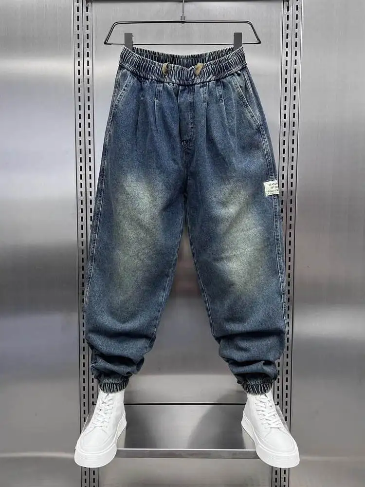 

Large Size Men's Harlan Jeans Waed Denim Pants Cuffed Dstring Waist Loose Fit Summer Casual Wear Comfortable Wear