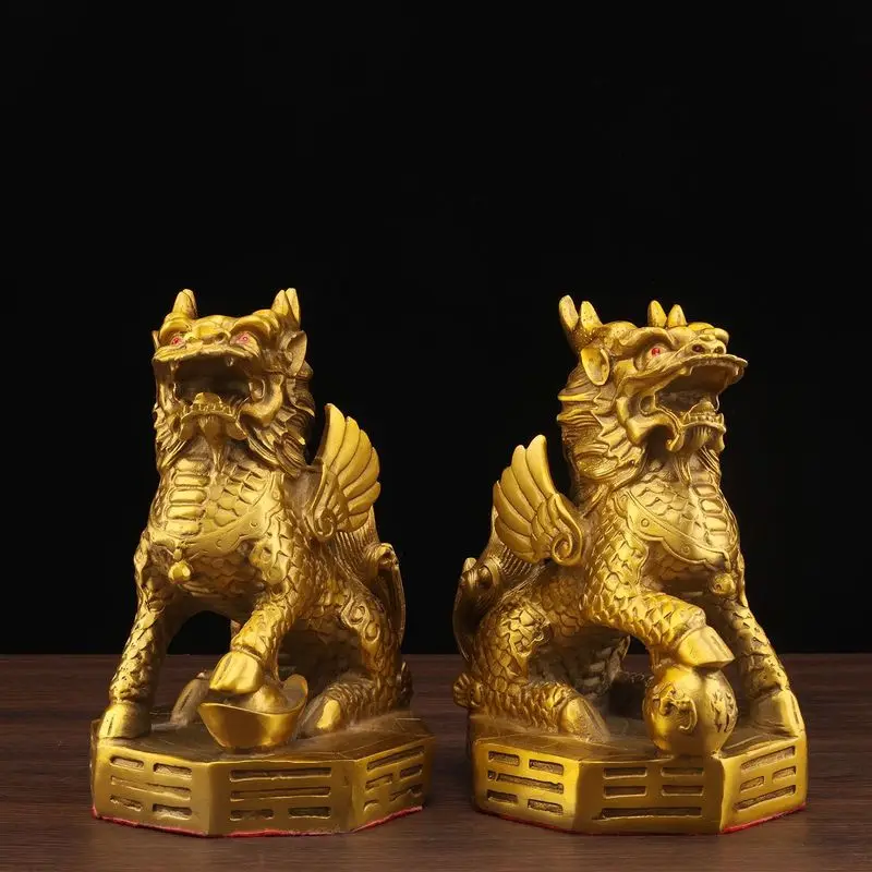Copper figurine, featuring a stepping on a gold ingot, embroidered ball, and eight trigrams, a fire Qilin, shop deco