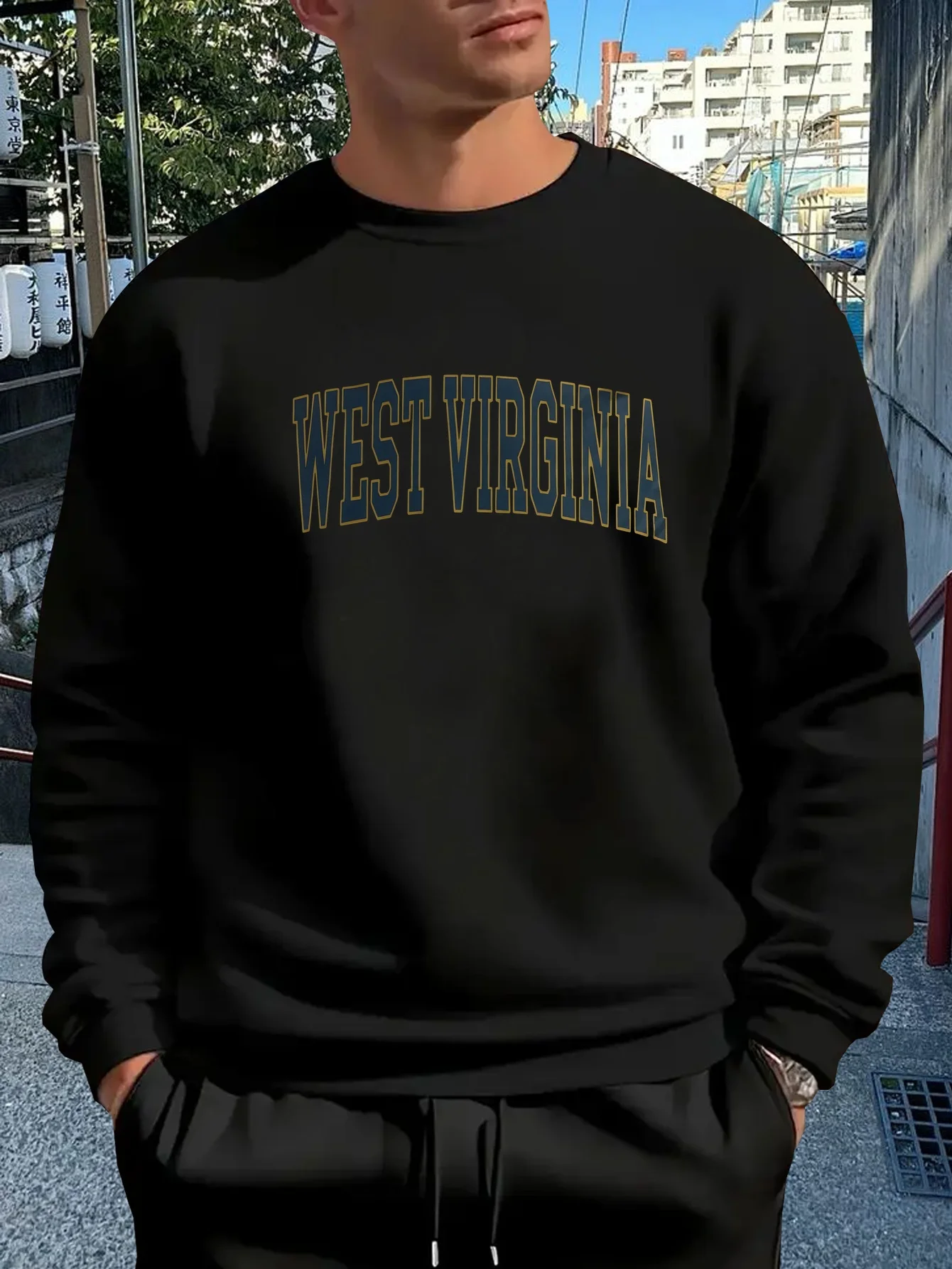 سترة رجالية فضفاضة مطبوعة فيرجينيا الغربية - أسود مع حرف أزرق، بلوفر كاجوال برقبة دائرية، فضفاض مريح، آلة