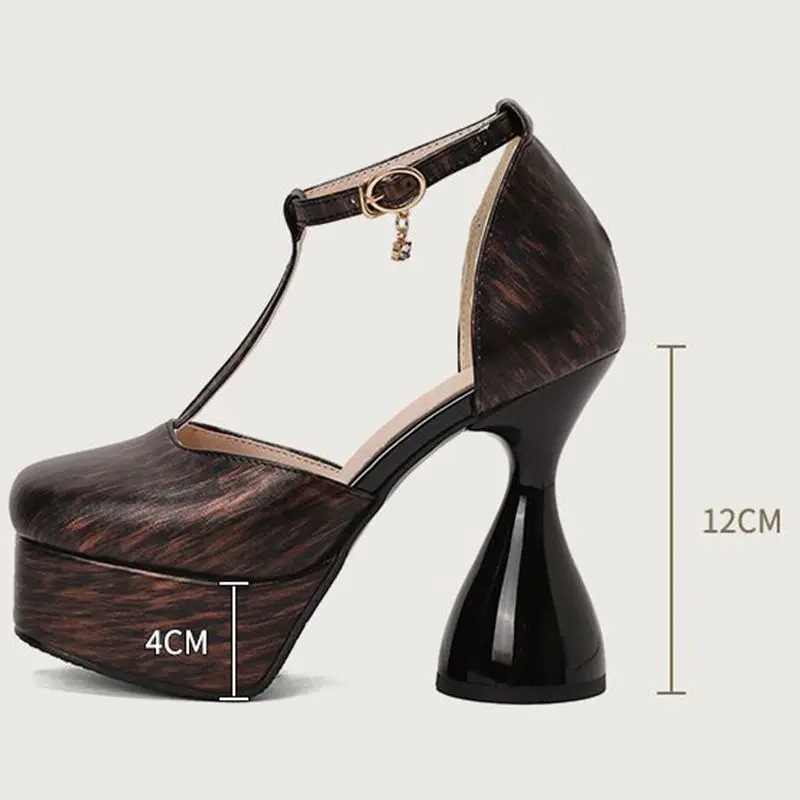

ORCHALISA Design Female Sandals Mixed Color Square Toe Strange Heels 12cm Platform Hill 4cm T-Strap Big Size 48 49 50 Sexy Shoes