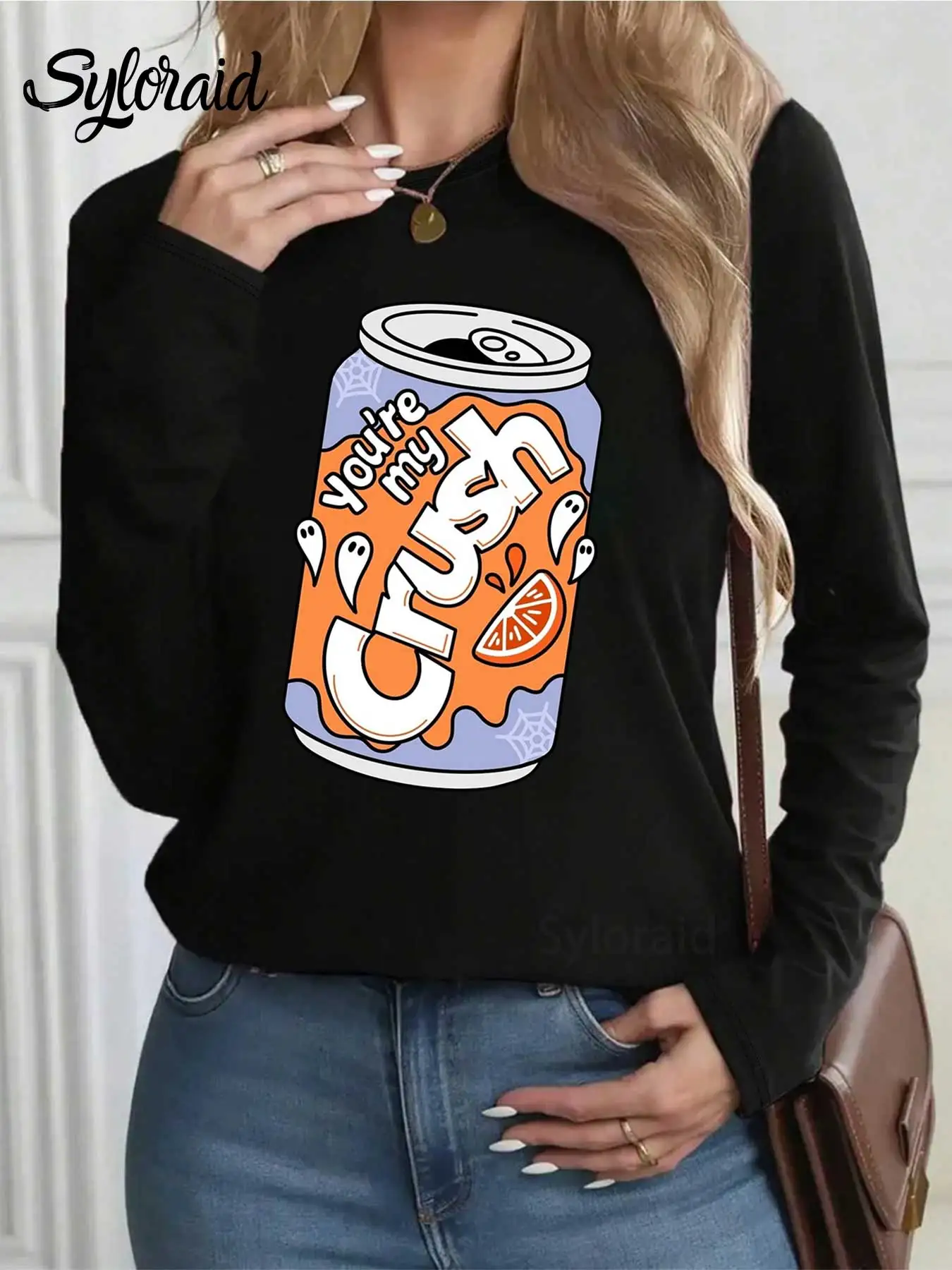 تي شيرت نسائي طويل الأكمام You're My Crush Soda Can تي شيرت لطيف للهالوين شبح قميص موضة رقبة مستديرة كاجوال