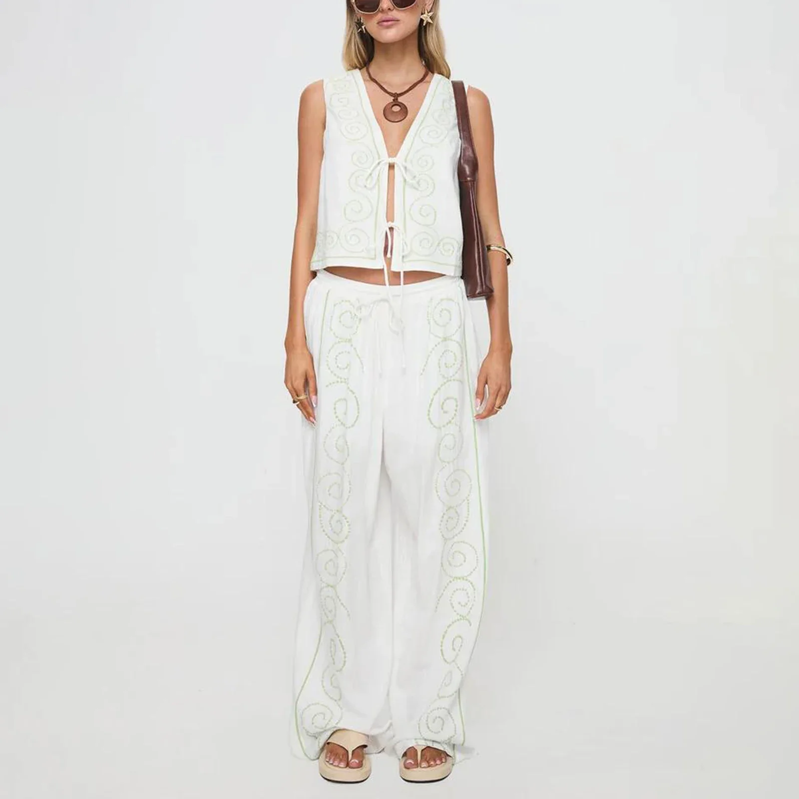 Summer Fashion Women Pants Set Circle Embroidery Tie-Up Front Tank Tops + Elastic Waist Long Pants 2 Pieces Clothes Set