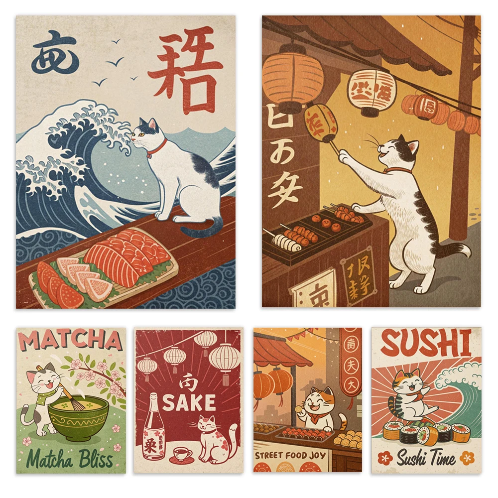 Japanische süße Katzenkunst, Dessert, Ramen, Reisbällchen, Okonomiyaki-Katze, Sushi-Teller-Katze, Sake-Katzenfutter-Poster, Küchendekoration