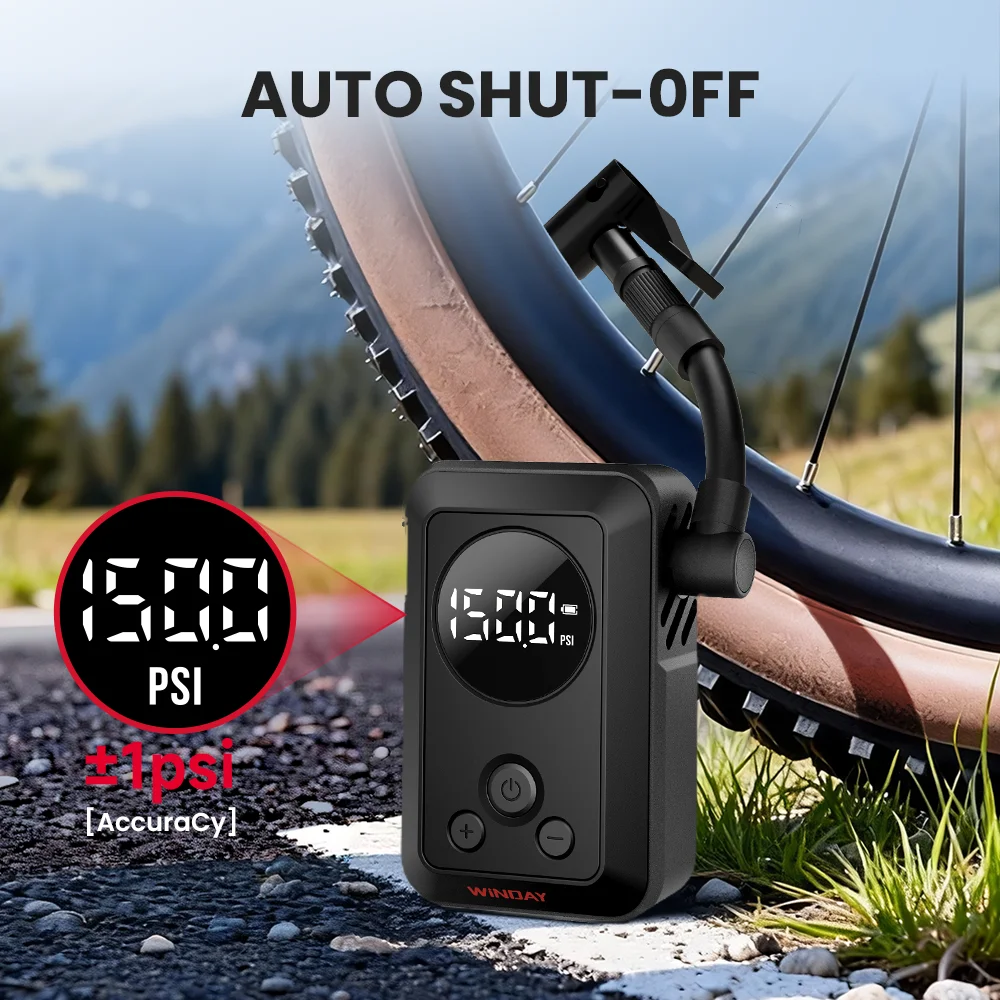 Portable Electric Bike Tire Inflator – P1 150PSI High-Pressure Air Pump for Mountain & Road Bikes, USB-C Rechargeable, 2400mAh Battery, Auto Shutoff, Compact Bicycle Tire Pump with PSI/BAR/KPA for MTB, Commuter, Mini SUV & Passenger Cars
