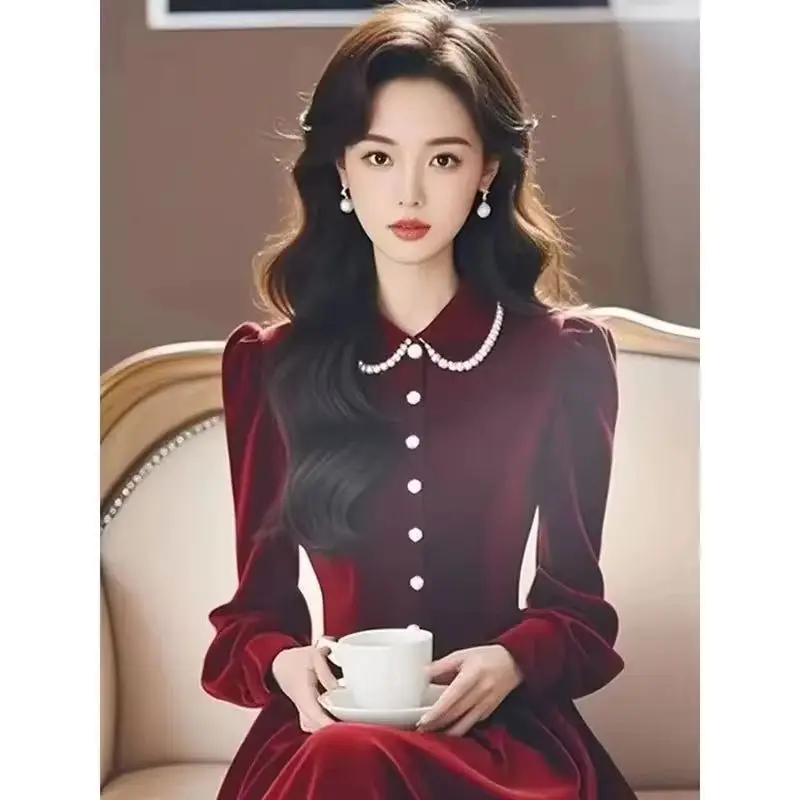 Vestidos de mujer 2025 primavera otoño Be All-match terciopelo manga larga vestido de señora elegante temperamento cómodo vestido de mujer