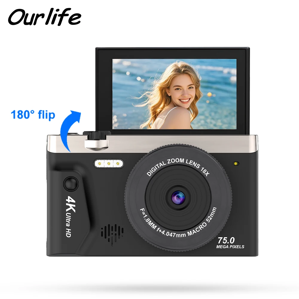 

Ourlife D610 4K Digital Photography Camera 18X Digital Zoom Vintage Vlog Video Recorder 3.0'' 180° Flip Screen WiFi Web Cam