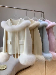 Women Winter Natural Fox Fur Collar Cuffs Coat Cashmere Wool Jacket Woolen Real Ladies Outwear Female Coat Luxury Jacket