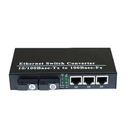 Transceptor de fibra óptica de 100M, 2 puertos, 3 puertos Ethernet RJ45, interruptor convertidor de medios ópticos de modo único