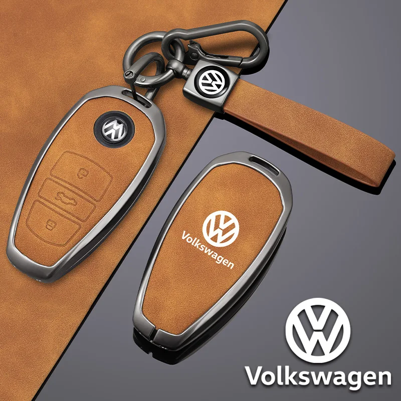 Zinc Alloy Leather Car Key Cover Case Fob Holder For VW Volkswagen Touareg 2011 2012 2013 2014 2015 2016 2017 2018 Accessories