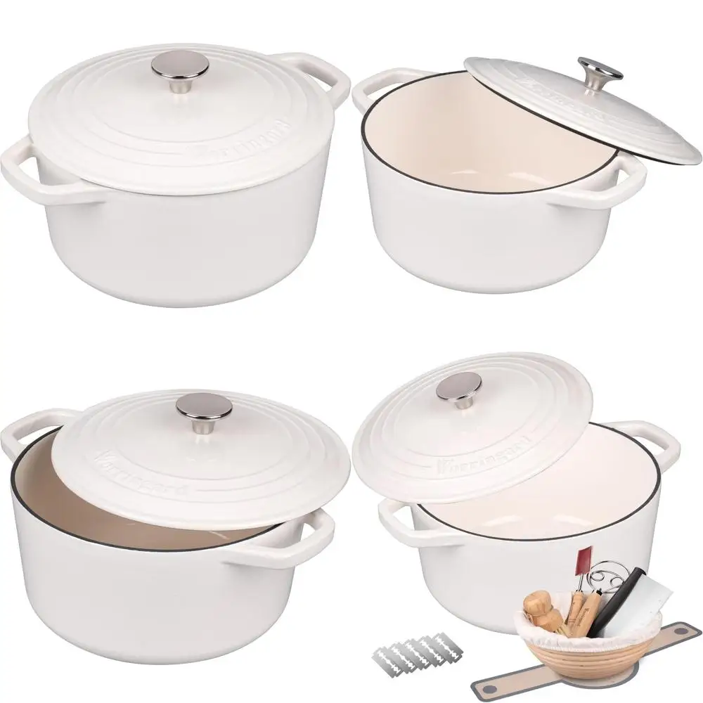 

6-Quart White Enamel Cast Iron Dutch Oven with Lid for Bread Baking, Including Sourdough Starter Kit