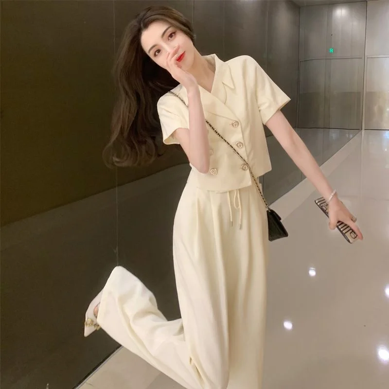 

Xiaoxiangfeng Casual Two Piece Outfit Women's Summer 2023 New Short Sleeve Crop Top And Wide Leg Pants Temperament Simple Sets