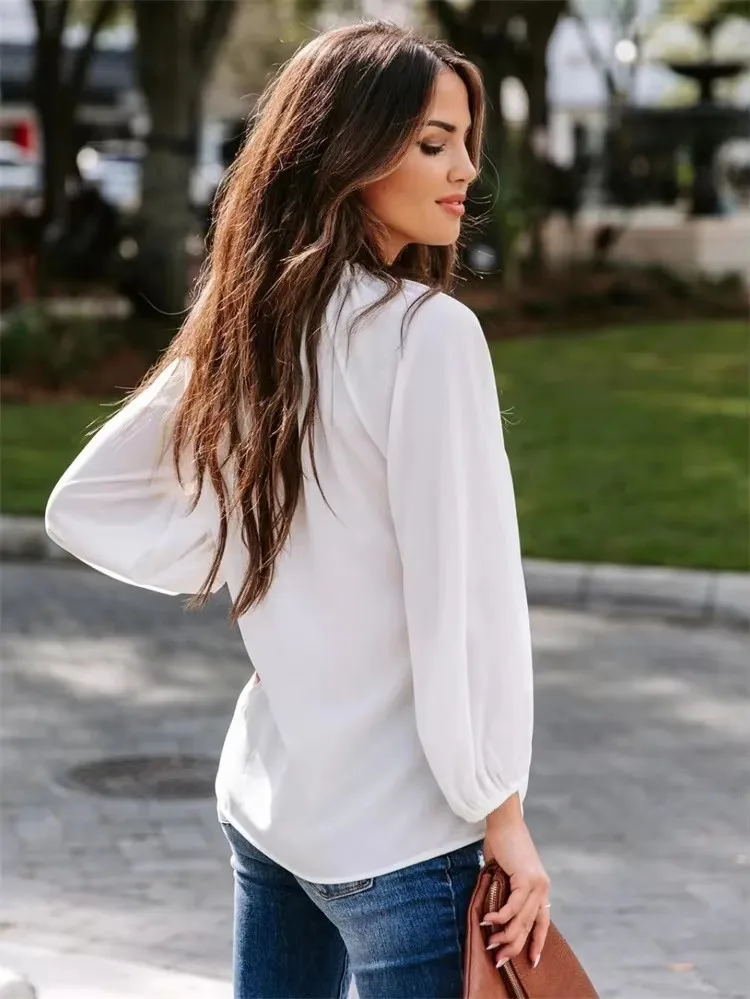 Women's Spring/Summer Style Loose Interior Shirt Women's Casual Long Sleeve Lantern Sleeve V-neck Solid Color Shirt Top
