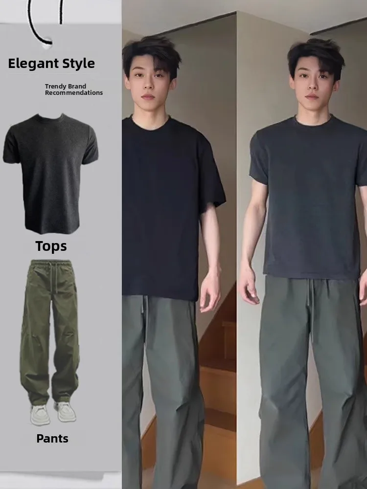 

American Style Short Sleeve T-Shirt And Pants Set for Men Summer Cool Fashion Military Green Workwear Straight Leg Trousers