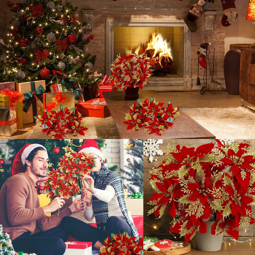 1/4 قطعة عيد الميلاد بريق البونسيتة الزهور الاصطناعية الشجيرات ورد صناعي باقة ل نافيداد المنزل شجرة عيد الميلاد الديكور الحلي #4