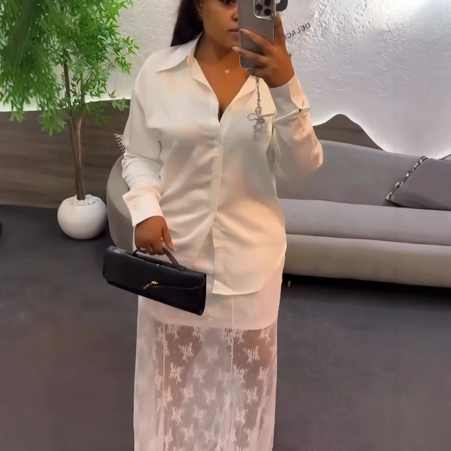 

Long-sleeved lace spliced top with see-through skirt set, fashionable and casual women's clothing