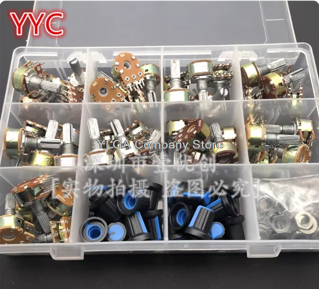 Conjunto de potenciômetros simples e duplos de 45 peças com botões B1K5K10K20K50K/100K/250K/500K/1M