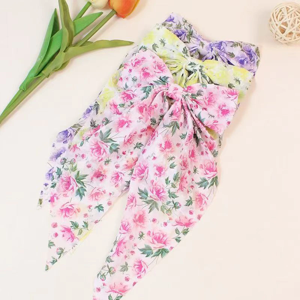 1pc European and American pastoral style rose floral chiffon bow hair clip，Girl's spring and summer fashion streamer  duckbill