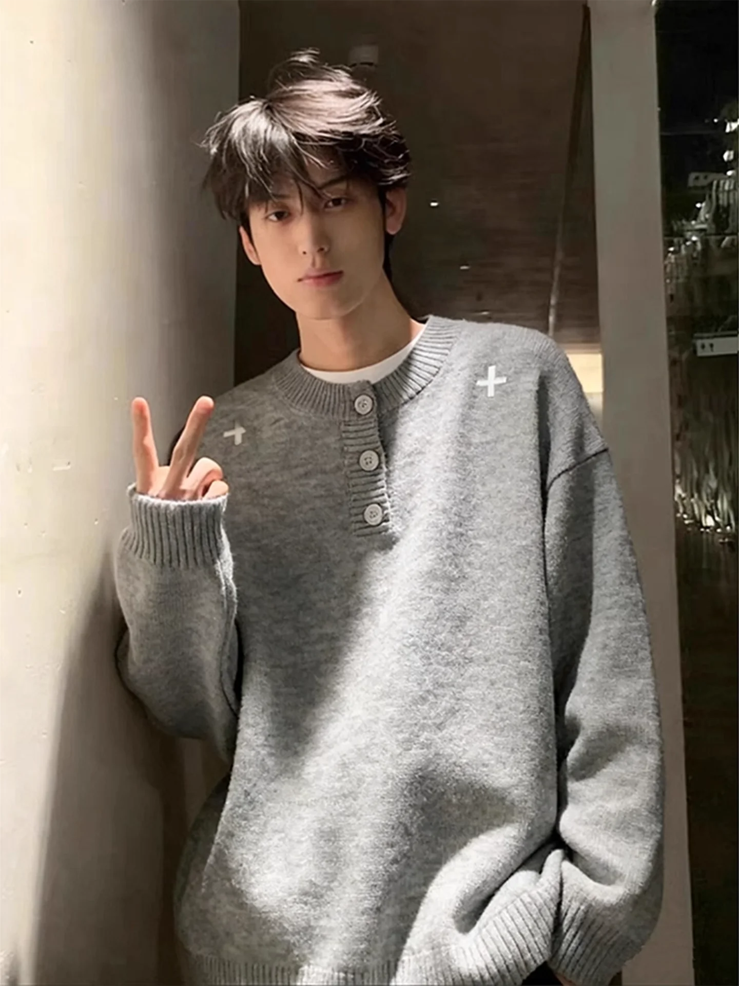 

Ay Вязаный свитер с воротником Генри с вышивкой крестом, мужской свитер на осень-зиму, тяжелый повседневный вязаный свитер American Faion