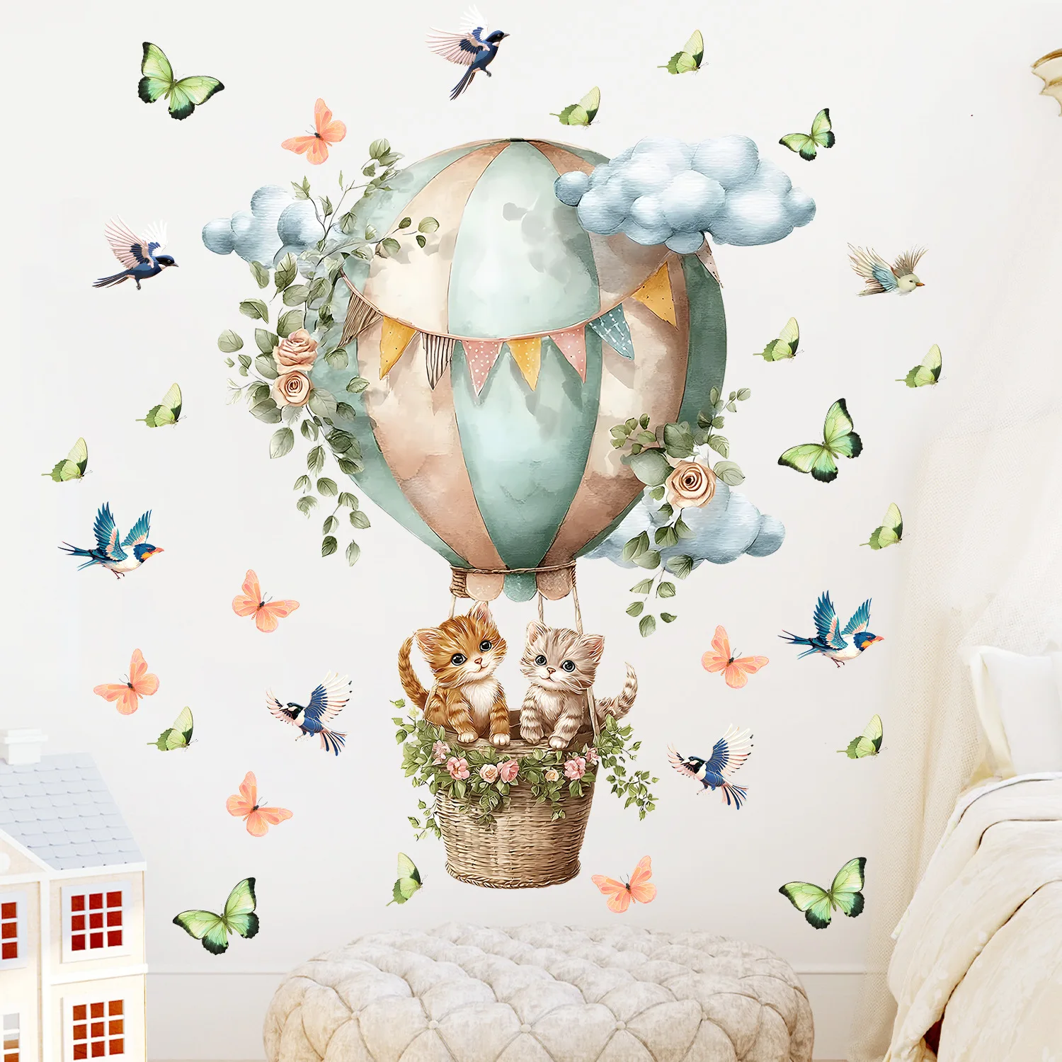 Cartoon Hot Air Balloon Cat Butterfly Bird Wall Stickers For Children's Room Baby Room Decoration Nursery Child Room Decoration