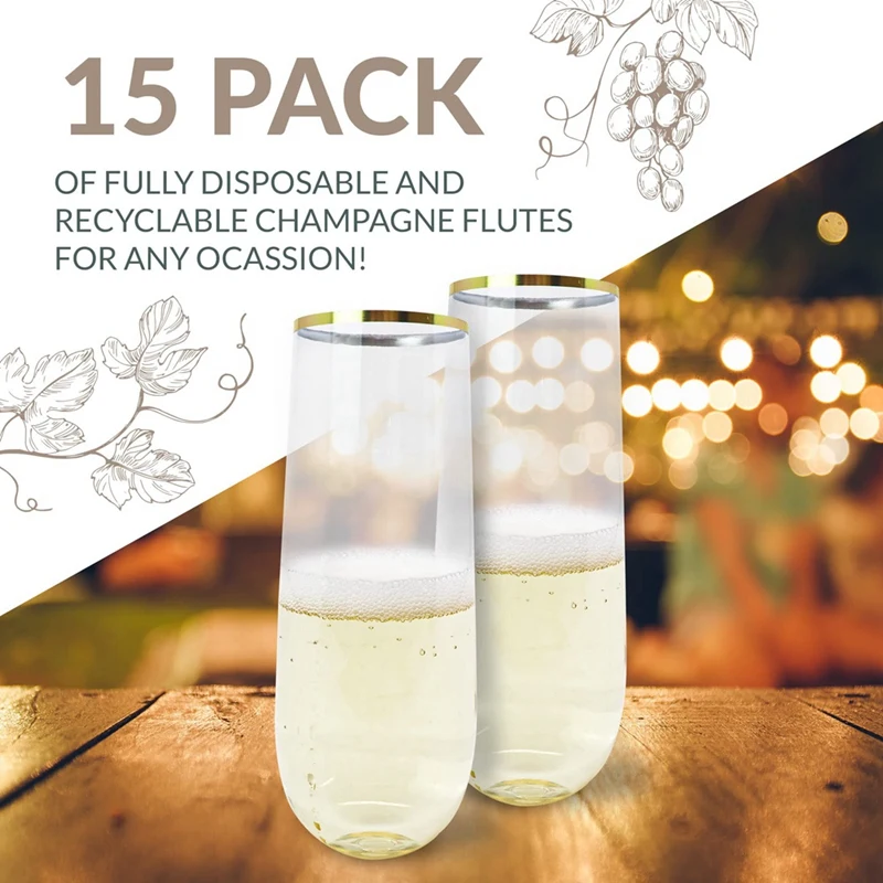 15Piece Plastic Champagne Flutes Stemless Disposable Gold Rim Toasting Glasses Crystal Clear Cocktail Cups Drinkware For Party