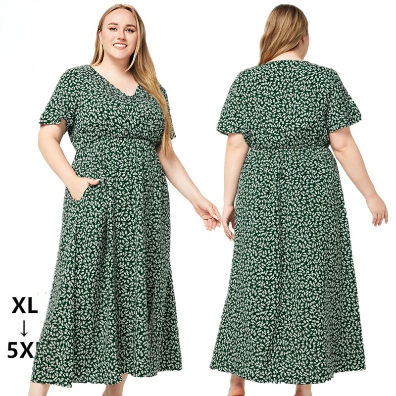 

2024 plus size women's summer new V-neck short sleeve split print pockets bohemian beach dress