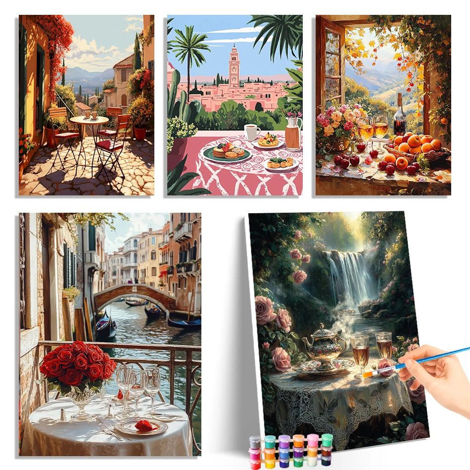 

GATYZTORY Painting By Numbers With Frame Dining table scenery Paint Kit On Canvas Drawing Brushes Diy Set Decorative Paintings