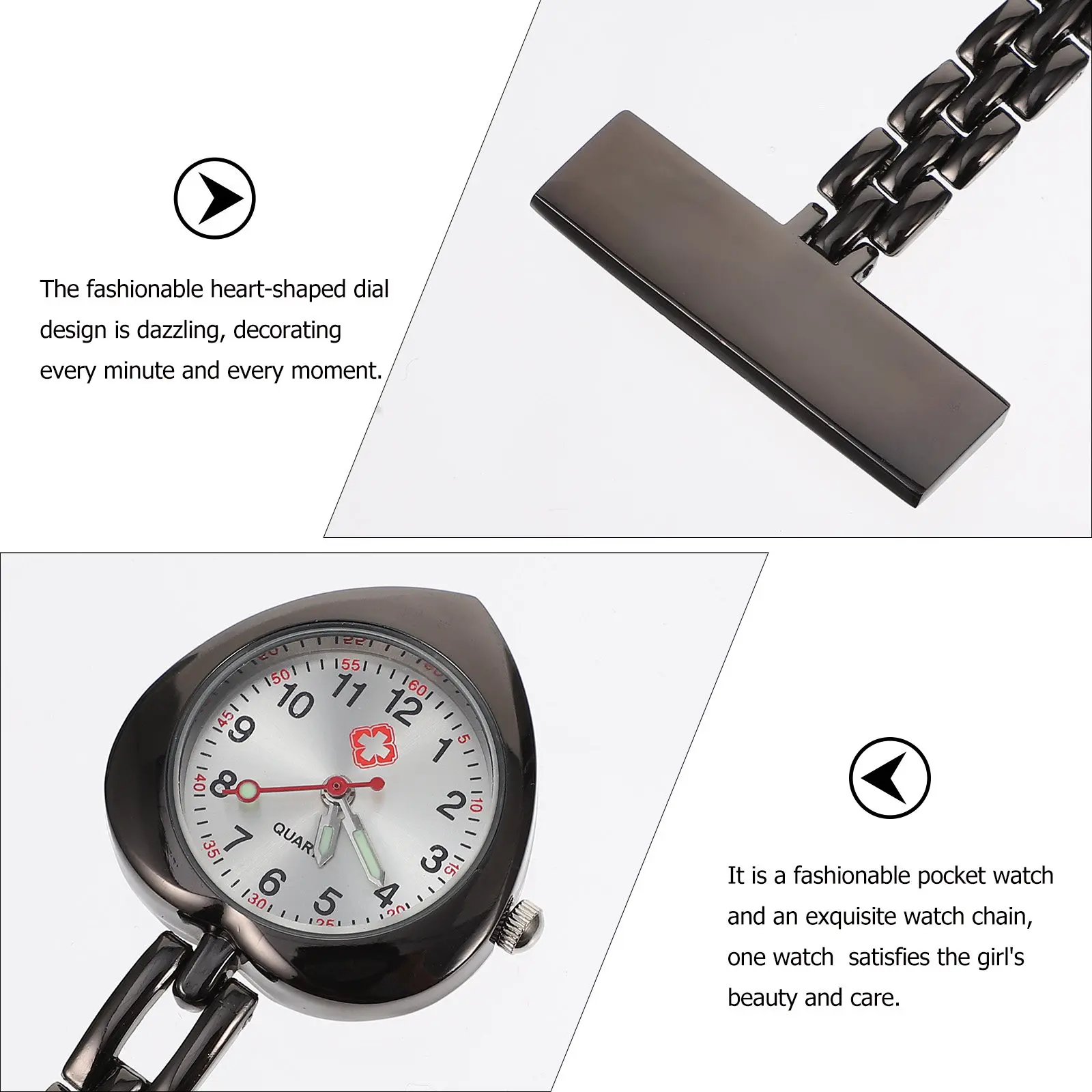 1Pcs Elegant Heart-Shaped Alloy Pocket Watch for Nurses Quartz Movement Clip-on Hanging Watch with Color-Coded Hands Large