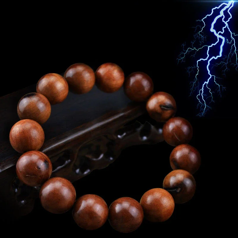 Men's Natural Thunder Struck Wood Bracelet with Lightning Struck Jujube Wood Beads and Raw Thunderstruck Peach Wood Charm