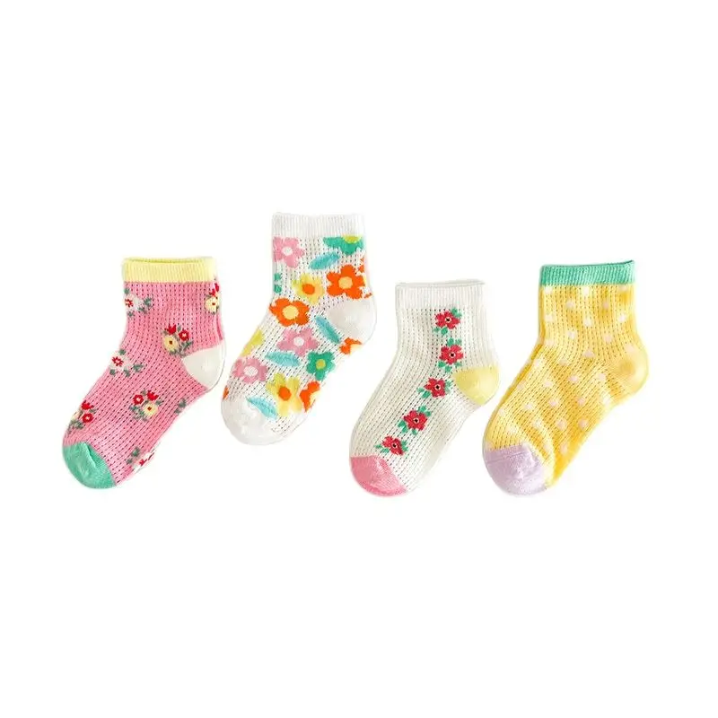 4Pairs 1-12Year Frühling/Sommer 2023 Dünne Gestreifte Blume Baby Socken Mesh Baumwolle Nette Mädchen Socken