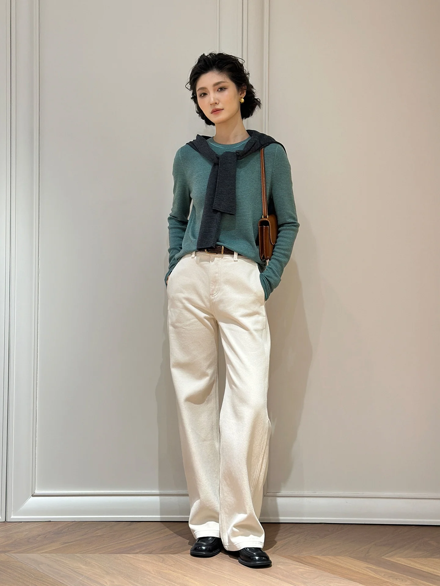 

Mediterannean Sunlight Gao Level Wool Stripe round Ne T-irt 60 Stitches Flat Needle Knitted Classic Sle Loose Fit Women...