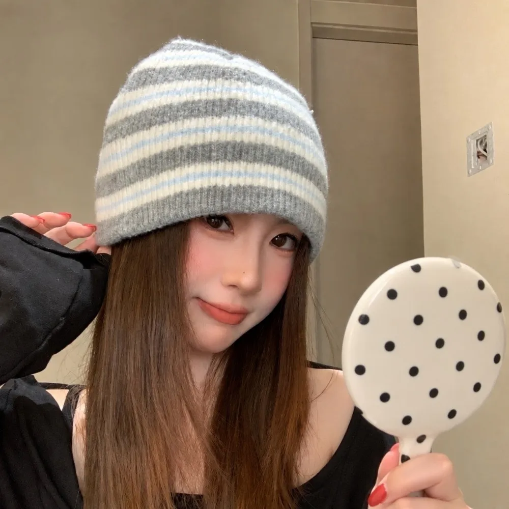 Polyester Stripe Knitted Beanie Hat Face Slimming 56-58cm Size Warm Winter Beanie Earflap Ear Protection Soft Cold Proof Hat