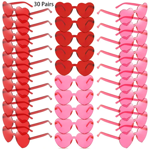 30 pares por juego de gafas de sol en forma de corazón, lindas gafas de sol sin montura de Color sólido para vacaciones en la playa, gafas de sol Rave de diseño a la moda para mujer
