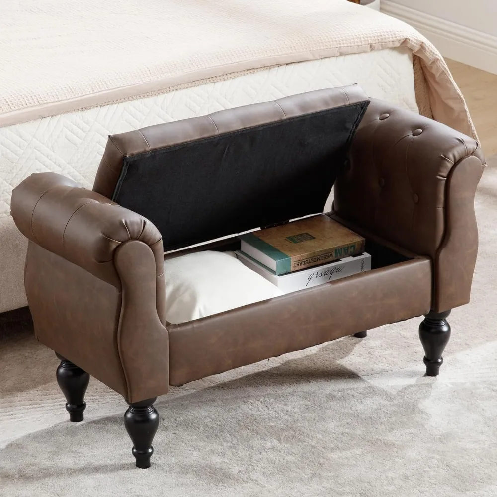 

Storage Bench for End of Bed Bedroom, 39.7 Modern Ottoman Bench with Arms and Wood Legs, Upholstered Leather Button Tufted Entry