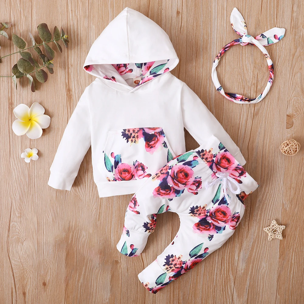 0-18M Newborn Long-Sleeved Suit Baby Girls Print Hoodie Top+Pants+Headband 3pcs Fall Outfits Toddler Girls Hooded Clothes Sets