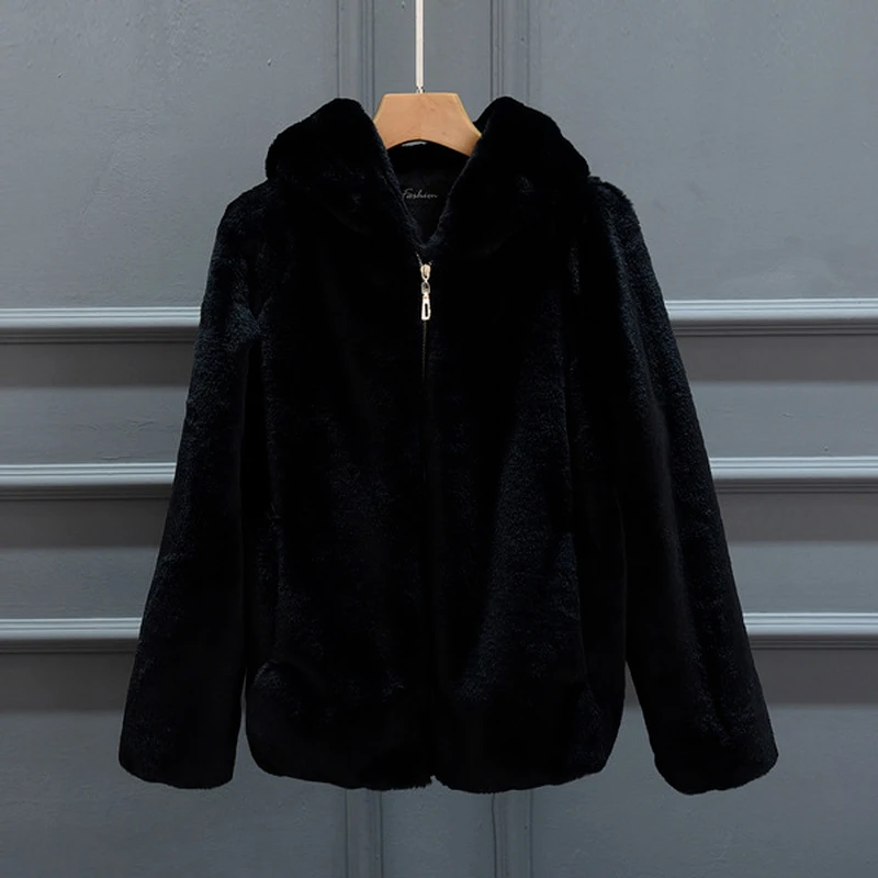 2022 Women's Jacket Fur Hooded Soft White Grey Pink Rabbit Imitation Lady Artificial Fur Outcoat Winter Grass Mink Faux Fur Coat