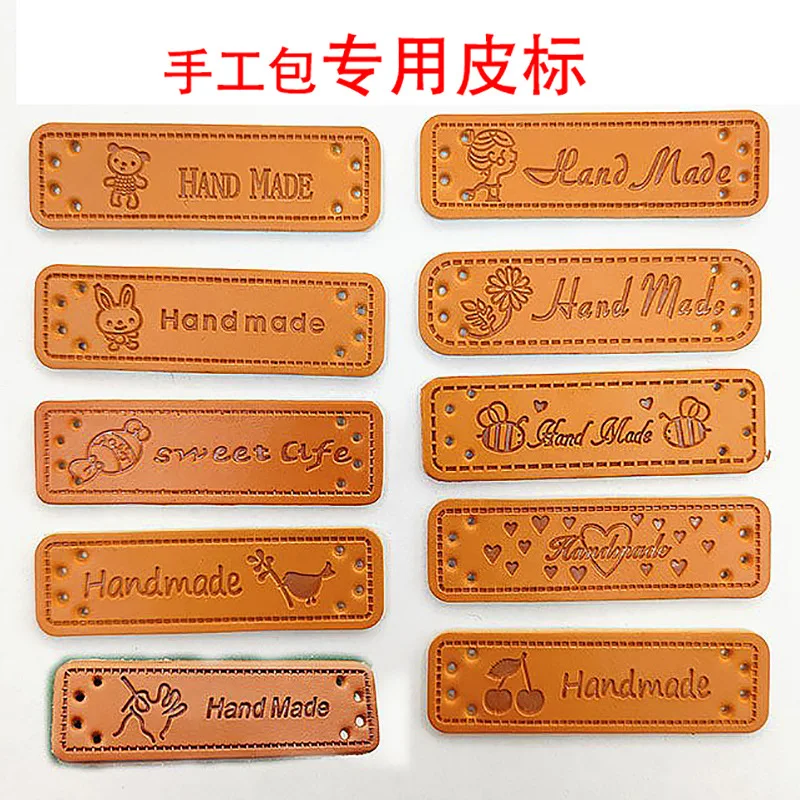 20pcs Handmade Letter Pattern PU Leather Tags Rectangle Embossed Label DIY Flag Labels For Garment Sewing Accessory