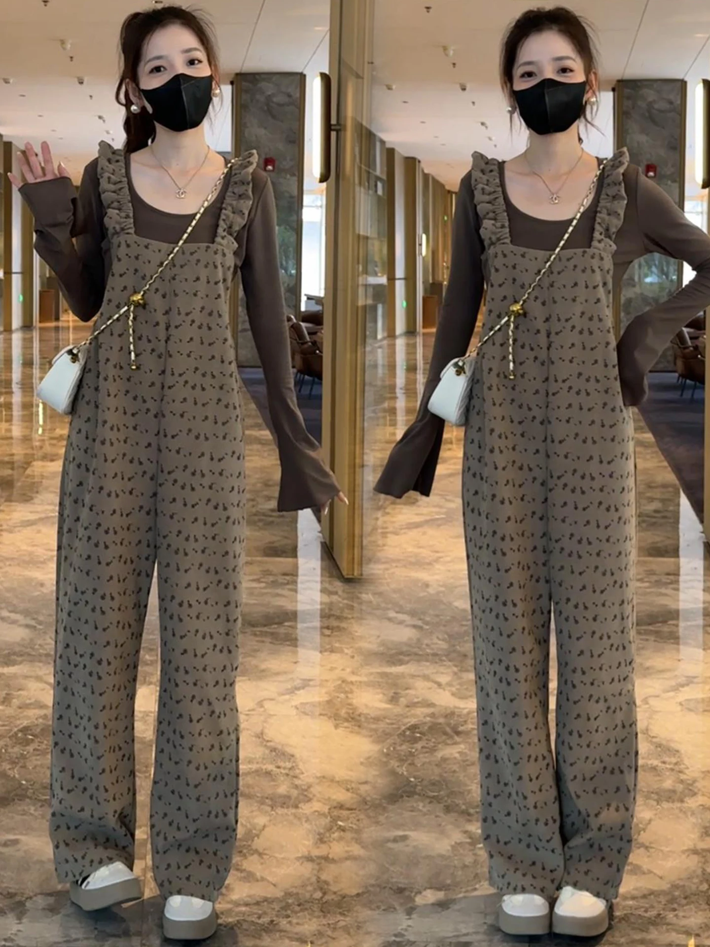 

Осень 2023, трикотажная основа с цветочным принтом и комбинезоны, женский антивозрастной комплект, широкие брюки с высокой талией, широкие брюки для поездок на работу