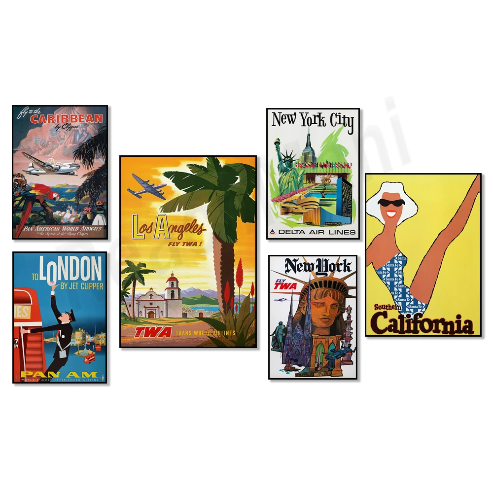 

Miami Beach, California, New York City, Los Angeles, Texas, Caribbean, South Sea Islands Pan Am, American Airlines, Cuba posters