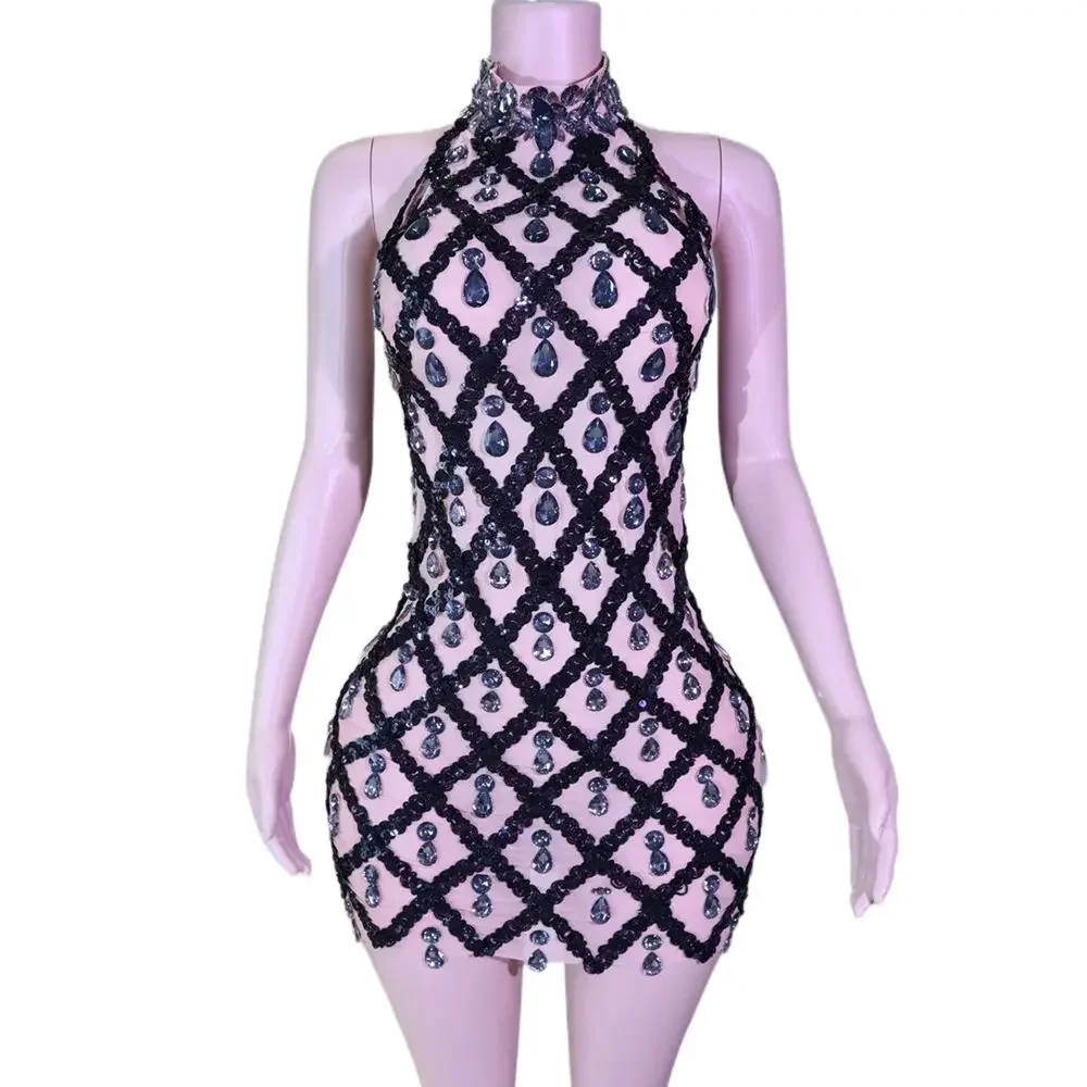 

Sparkly Stones Sequins Sleeveless Short Summer Dress Women Sexy Evening Birthday Dress Show Stage Wear Photo Shoot Dress