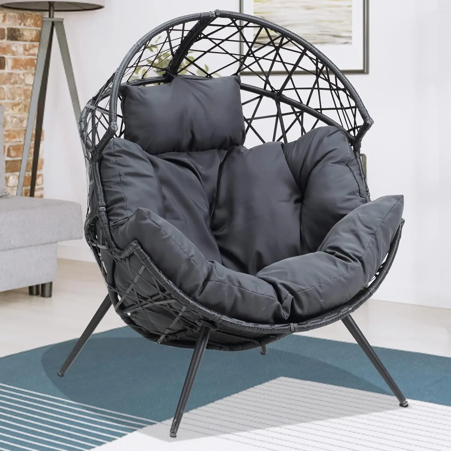 Outdoor Patio Egg Chair Indoor Wicker Egg Chair Basket Lounger Chair with Cushion and Stand for Living Room Patio Backyard